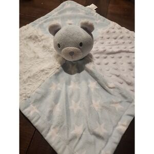 Baby Essentials Plush Bear Lovey Blue White Minky Stars Security Blanket